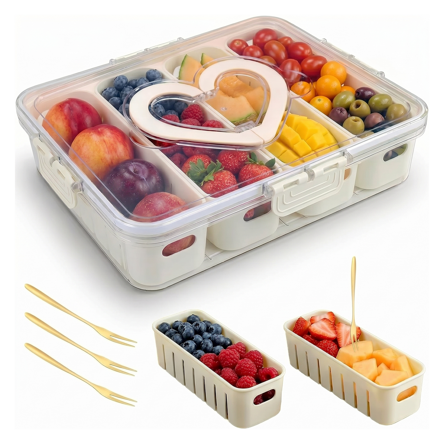 Snackle Box Container, Portable Snack Container with Lid and Handle, Reusable Stackable Snack Box, Divided Snack Containers with 4 Compartments for Travel Party Picnic,1 Pack, White
