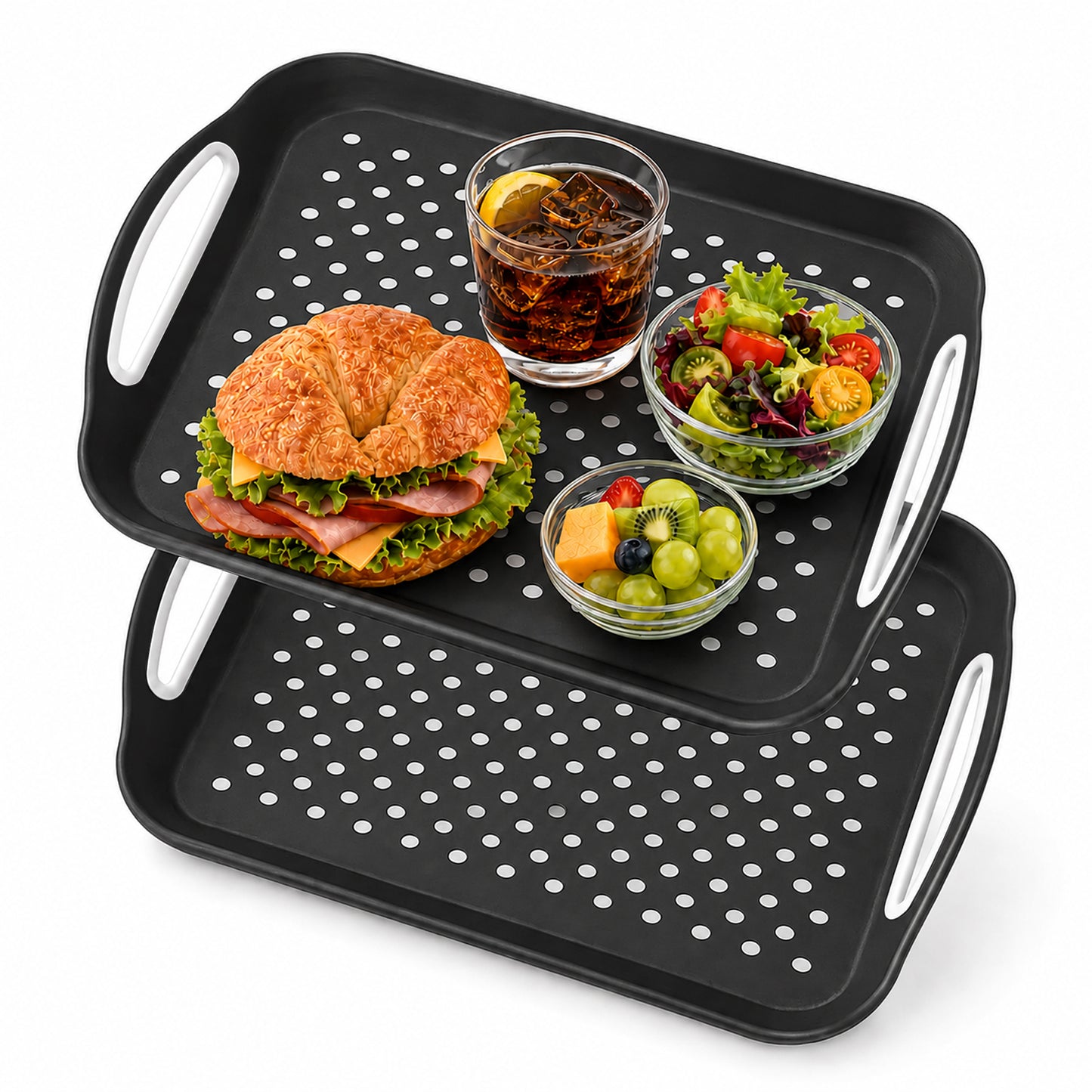 Non Slip Serving Tray with Handles, Rubber Gripped Lap Food Trays for Eating, Dishwasher Safe, Ideal for Breakfast, Snack, Fruit, Dessert, Beverage & Dinner (2 pack Black)