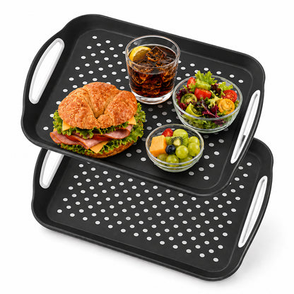 Non Slip Serving Tray with Handles, Rubber Gripped Lap Food Trays for Eating, Dishwasher Safe, Ideal for Breakfast, Snack, Fruit, Dessert, Beverage & Dinner (2 pack Black)
