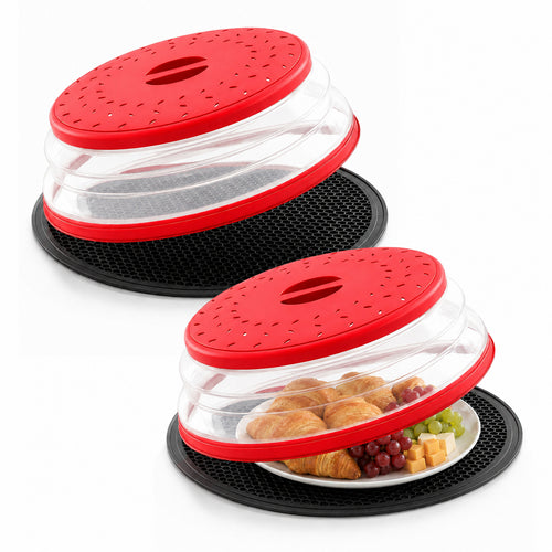 Collapsible Microwave Food Cover, Microwave Splatter Guard with Steam Vent, Dishwasher Safe Kitchen Plate Cover, 2 Pack Red