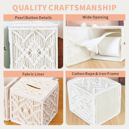 Tissue Box Cover, Square Tissue Box Holder, Bohemian Handmade Woven Boho Decor Tissue Organizer for Bathroom, Living Room, Kitchen (1-Pack)