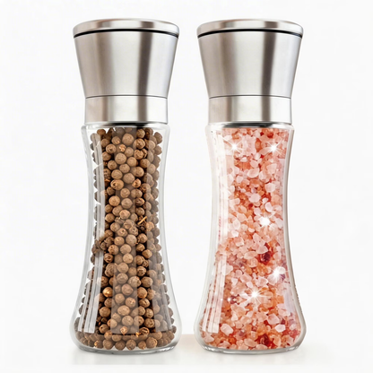 2-Pack Stainless Steel Pepper & Salt Grinder Set, Refillable Glass Body, Adjustable Coarseness Spice Mill