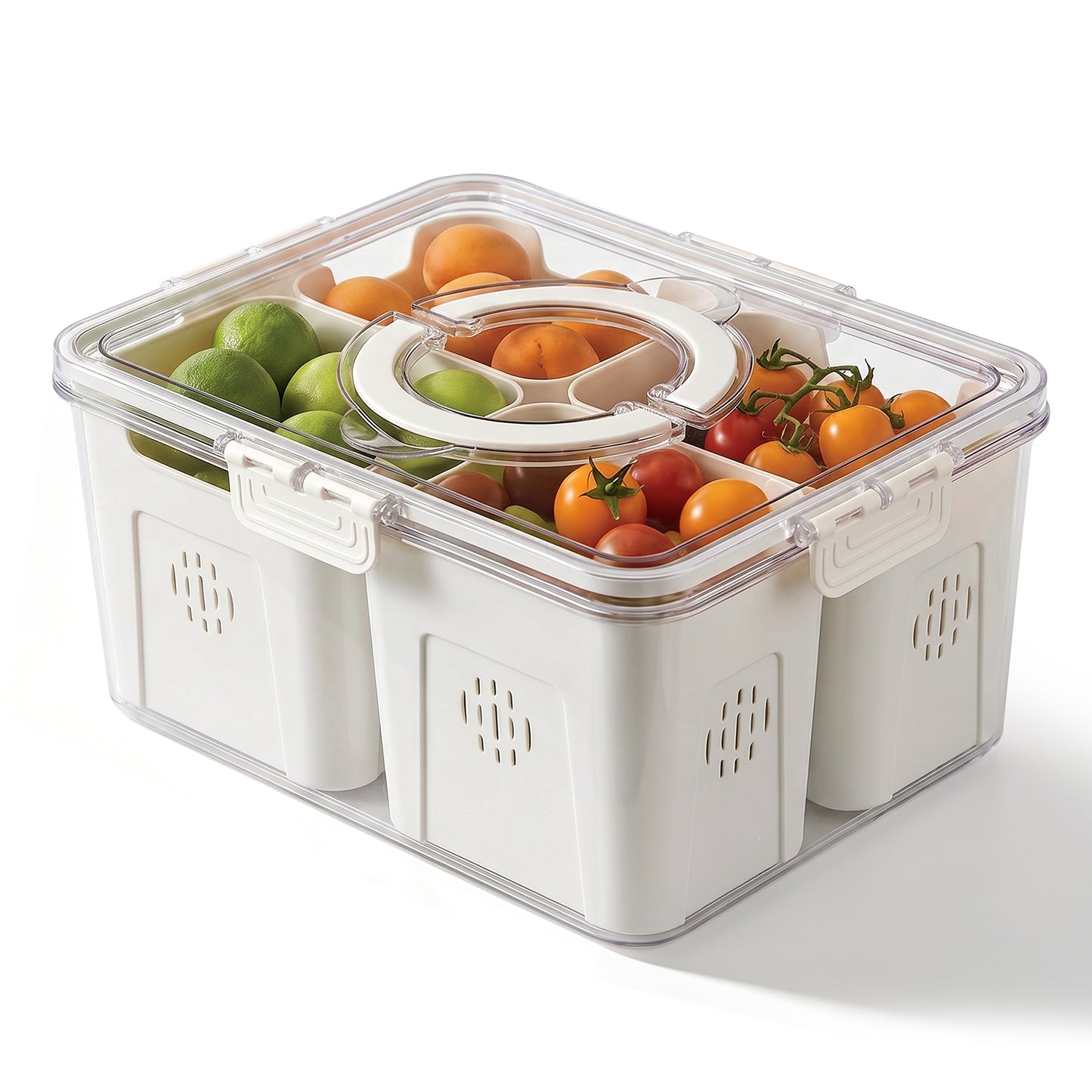 Refrigerator Organizer with Lids, 4 Compartment Divided Food Storage Container for Fridge, Snackle Box Style Fruit and Vegetable Storage Tray, Stackable Clear Fridge Organizer, 1 Pack