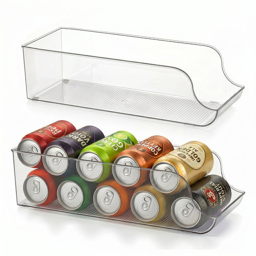 2-Pack Clear Soda Can Organizer, Plastic Beverage Dispenser Rack for Kitchen Cabinets, Drink Holder Bins for Refrigerator Organizers and Storage