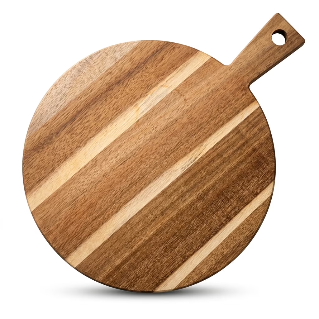 Round Wood Cutting Board, 12 Inch Acacia Wood Charcuterie Board with Handle, Multi-Functional Kitchen Serving Tray for Meat & Bread