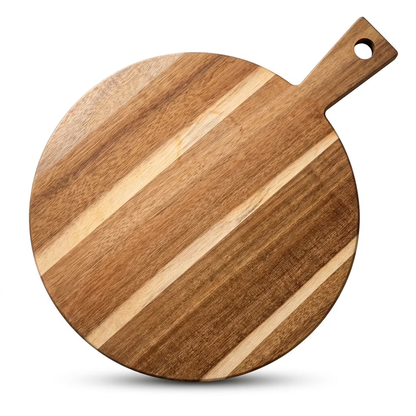 Round Wood Cutting Board, 12 Inch Acacia Wood Charcuterie Board with Handle, Multi-Functional Kitchen Serving Tray for Meat & Bread