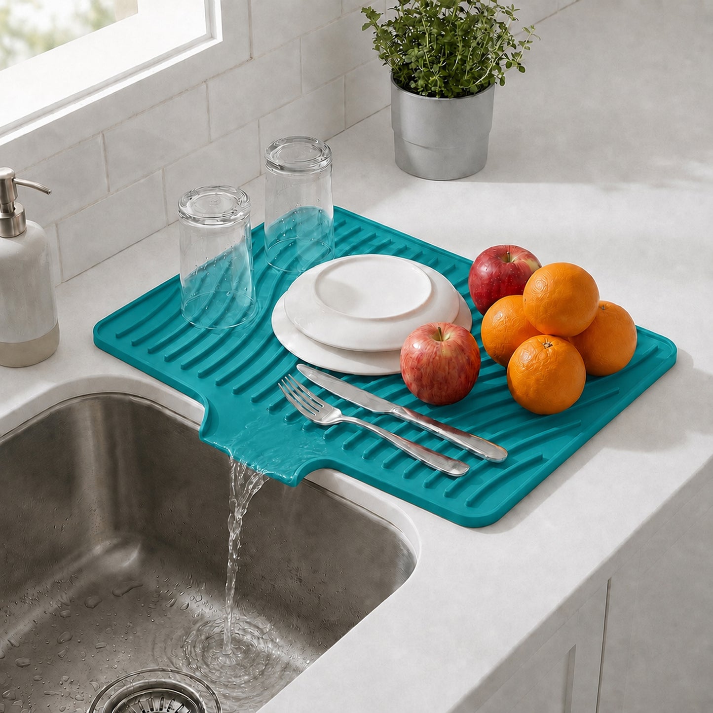 Silicone Dish Drying Mat for Kitchen Counter or Sink, Non-Slip Dish Drainer Mat with Built-in Drain, Heat Resistant Drying Pad, Peacock Blue