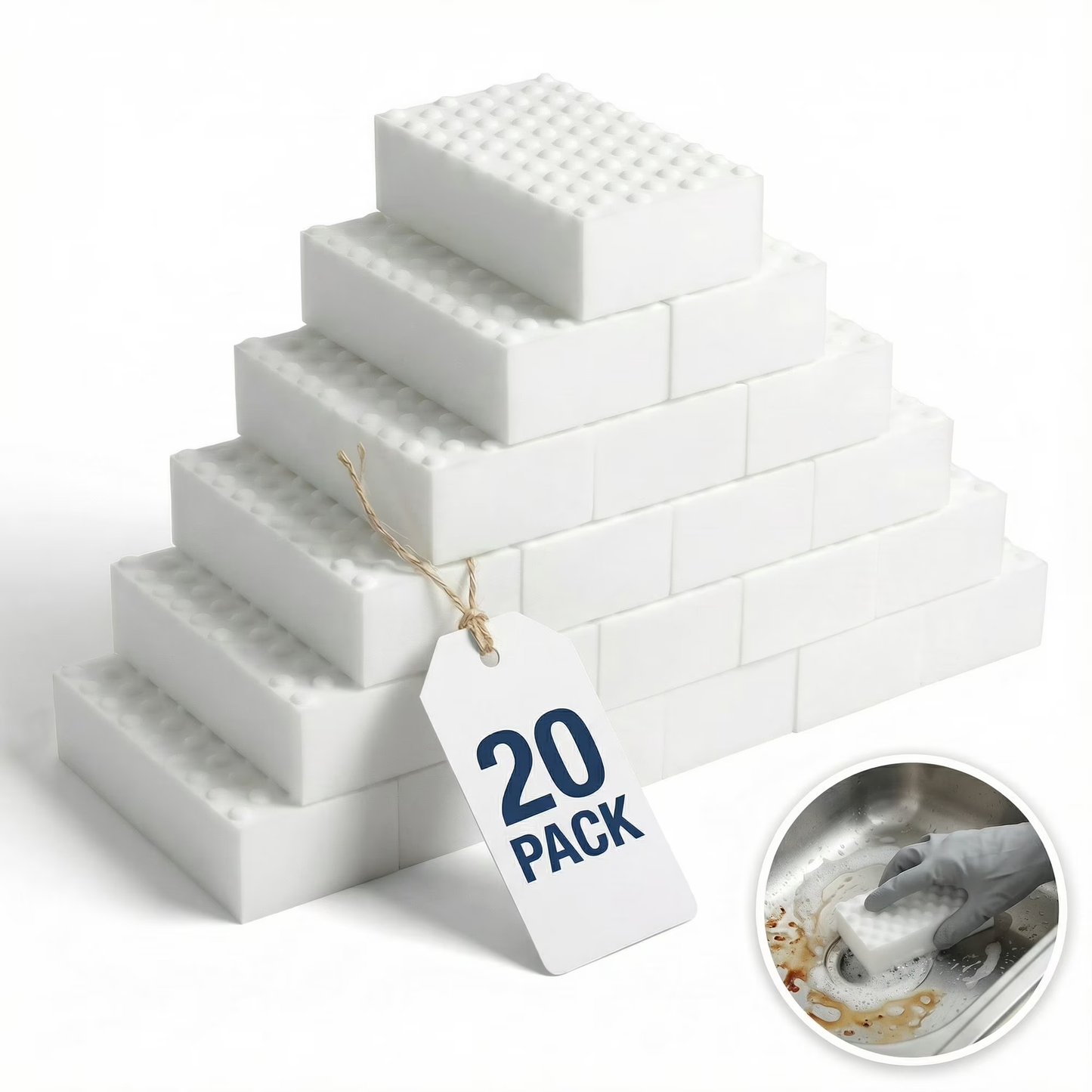 2X Density Melamine Cleaning Sponges, Extra Thick Non-Scratch Magic Eraser Pads for Kitchen, Bathroom, Dishes & Walls, Tough Stain & Grease Removal Household Cleaner (20-Pack)