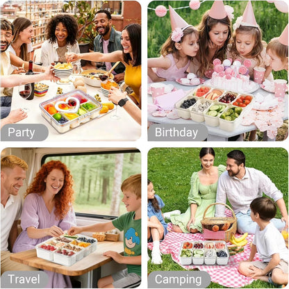 Snackle Box – 8 Compartment Divided Serving Tray with Lid, Handle, 4 Gold Forks, Portable