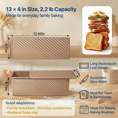 2.2lb Pullman Bread Loaf Pan with Lid - 13x4 Inch Professional Nonstick Bread Baking Mold for Homemade Sandwich & Artisan Sourdough, Heavy-Duty Gold Carbon Steel Toast Box
