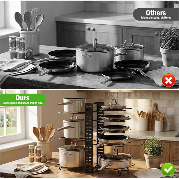 16" Heavy-Duty 8-Tier Adjustable Pots & Pans Organizer Rack, Cabinet & Pantry Storage with 3 DIY Setup Options, Under Cabinet Organizer for Large Cookware