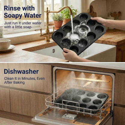 12-Cup Nonstick Muffin Pan Set of 2 — Carbon Steel Cupcake Trays for Brownies, Egg Bites & Standard Baking, Nesting Design