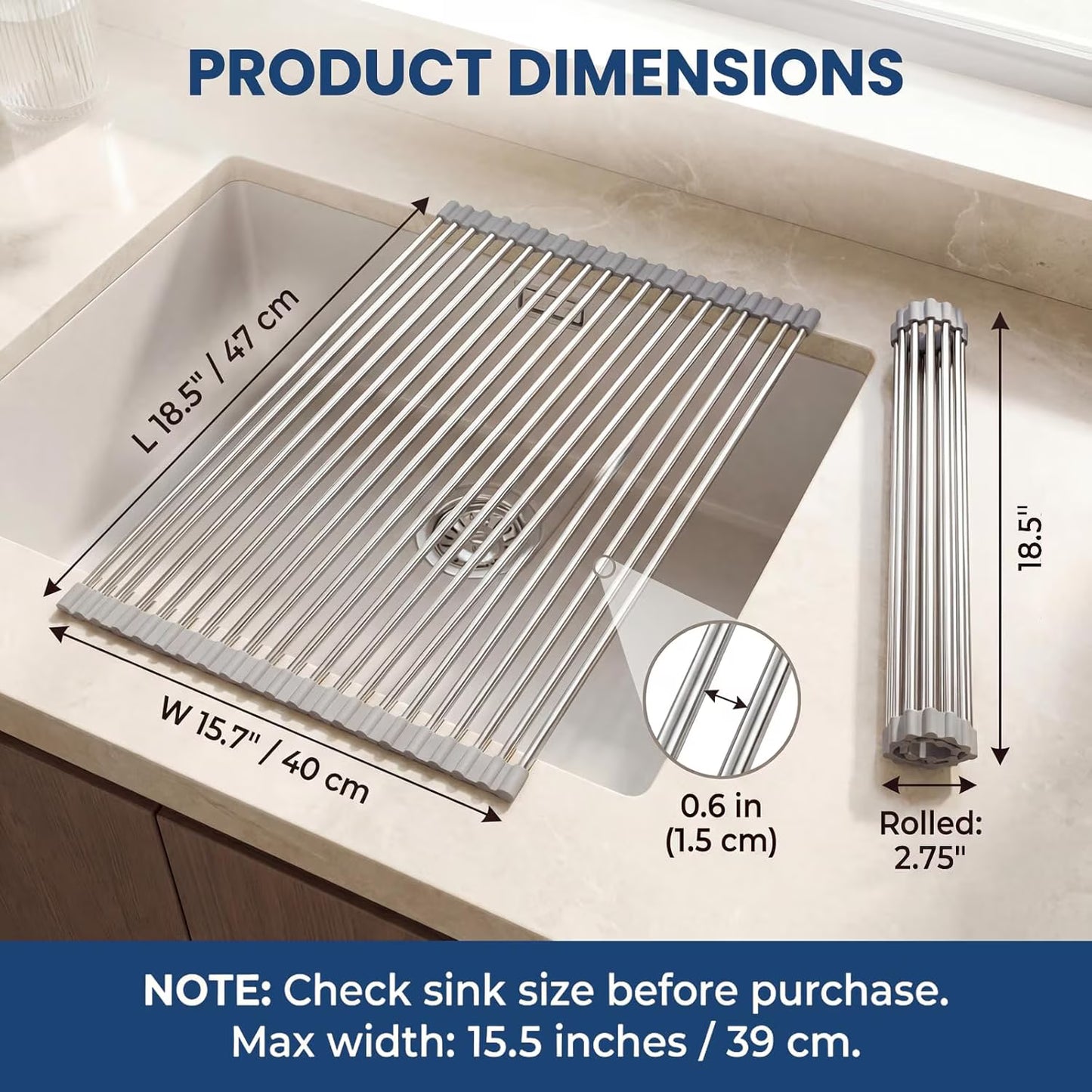 1 Pack 18.5" x 15.7" Roll-Up Dish Drying Rack, Over-Sink Foldable Kitchen Sink Rack, Anti-Slip Multipurpose Stainless Steel Drying Rack for Plates, Pots & Utensils, Gray