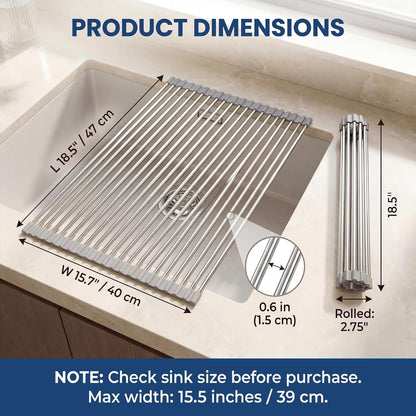 1 Pack 18.5" x 15.7" Roll-Up Dish Drying Rack, Over-Sink Foldable Kitchen Sink Rack, Anti-Slip Multipurpose Stainless Steel Drying Rack for Plates, Pots & Utensils, Gray
