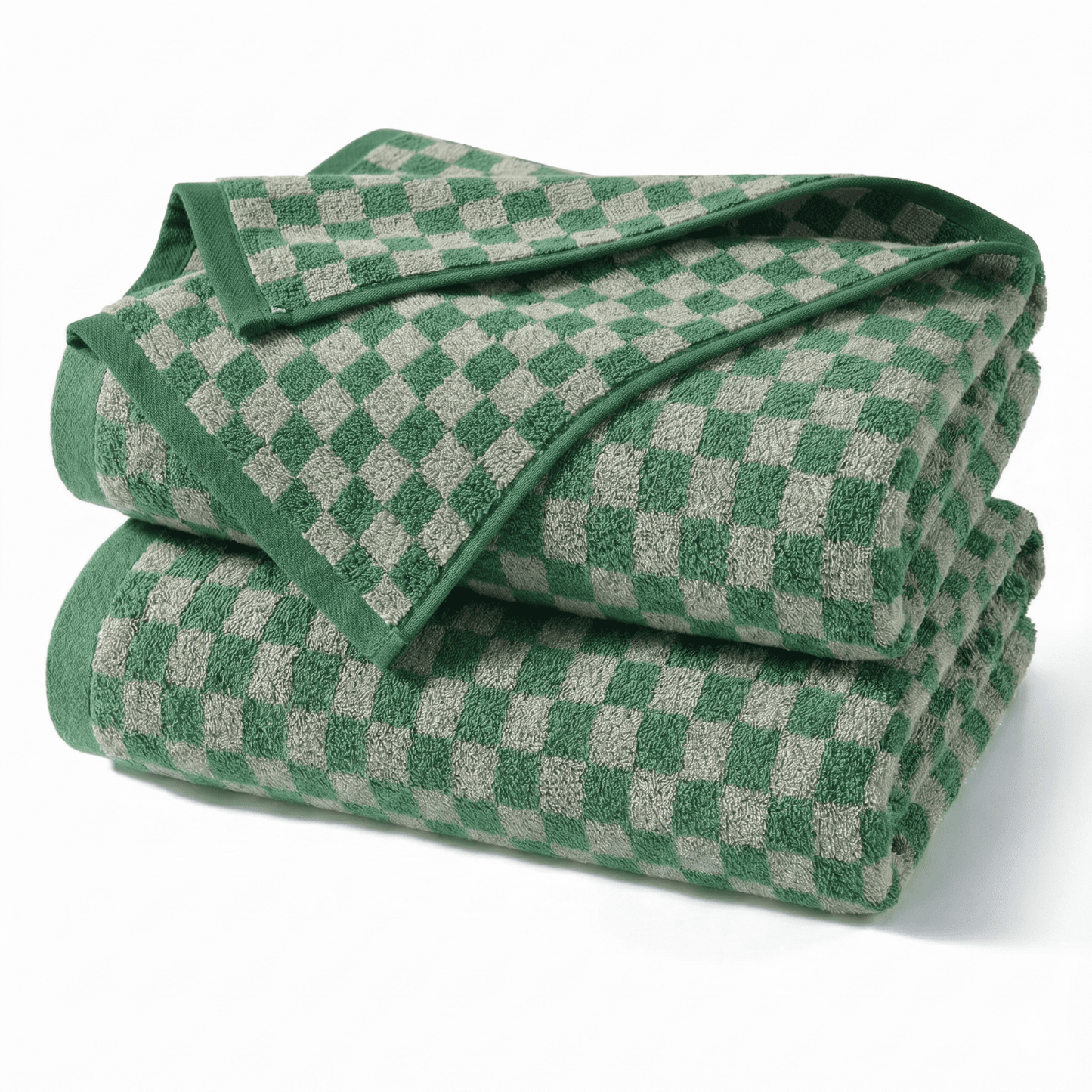 2-Pack Checkered Cotton Bath Towels in Green — 27.5×55 Inch Large Shower Towels for Bathroom & Beach, Quick-Drying Terry Weave
