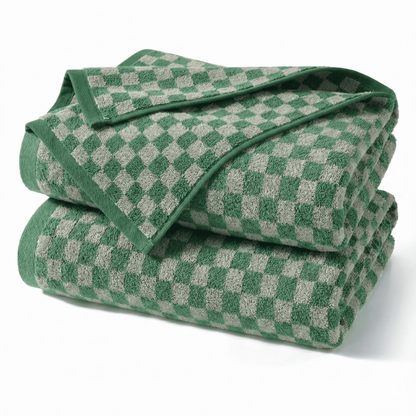 2-Pack Checkered Cotton Bath Towels in Green — 27.5×55 Inch Large Shower Towels for Bathroom & Beach, Quick-Drying Terry Weave