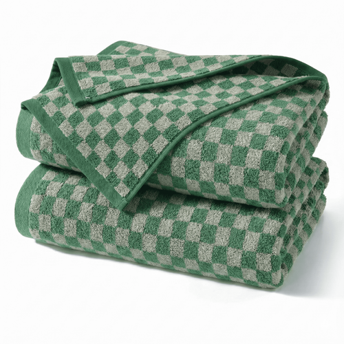 2-Pack Checkered Cotton Bath Towels in Green — 27.5×55 Inch Large Shower Towels for Bathroom & Beach, Quick-Drying Terry Weave