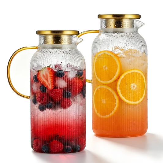 2 Pack Glass Water Pitcher with Lid, 68 oz (2 Liter) Borosilicate Glass Pitcher with Spout, Large Glass Iced Tea Pitcher with Lid, Beverage Carafe for Water, Juice, Cold Brew