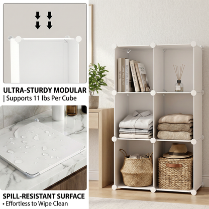 Cube Storage Organizer 6 Cube, Stackable Closet Organizer Storage Shelves, Plastic Storage Shelving Units and Storage Cubes for Clothes Books Toys, Bedroom Living Room Dorm, White