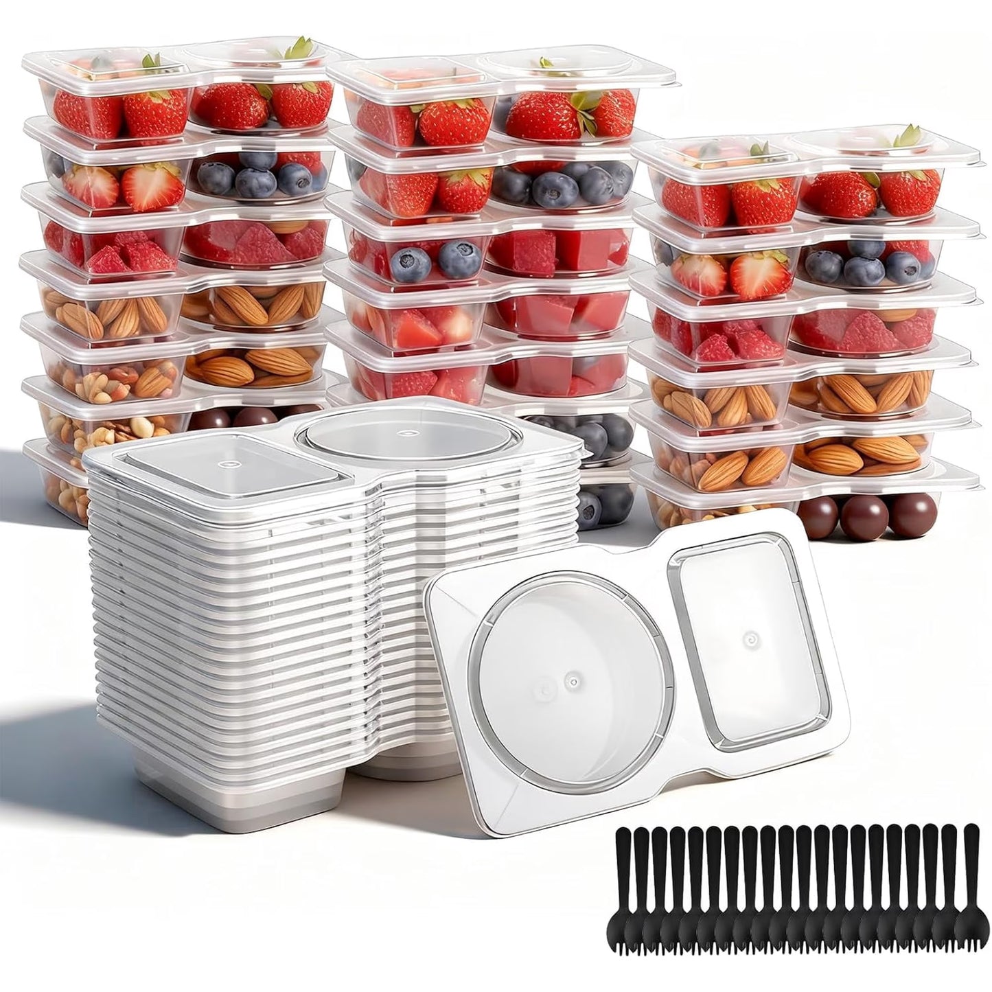 20 Pack Reusable Snack Containers with Lids, 2-Compartment Clear Portion Cups for Salad Dressing, Sauce & Snacks, Leakproof Plastic Food Containers for Meal Prep & On-the-Go