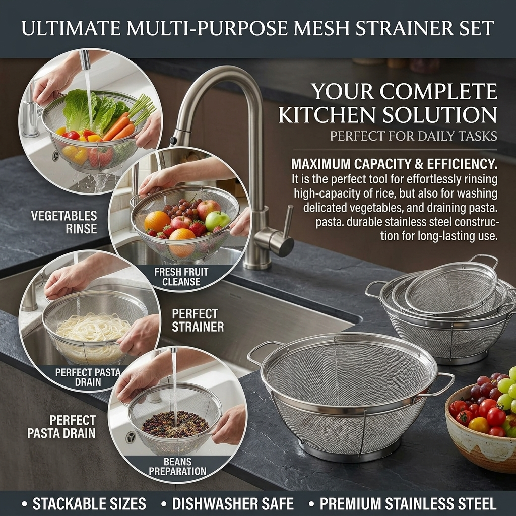 Stainless Steel Colander Set, Mesh Colander and Strainer Set, Large Stainless Strainer Metal Colander with Handles for Kitchen Washing and Straining, 3 Pack