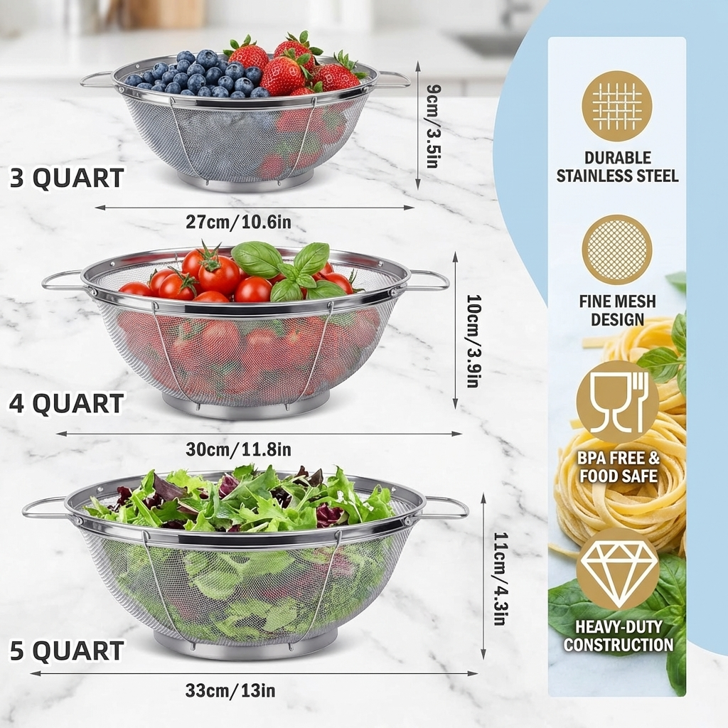 Stainless Steel Colander Set, Mesh Colander and Strainer Set, Large Stainless Strainer Metal Colander with Handles for Kitchen Washing and Straining, 3 Pack