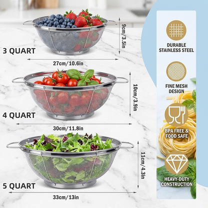Stainless Steel Colander Set, Mesh Colander and Strainer Set, Large Stainless Strainer Metal Colander with Handles for Kitchen Washing and Straining, 3 Pack