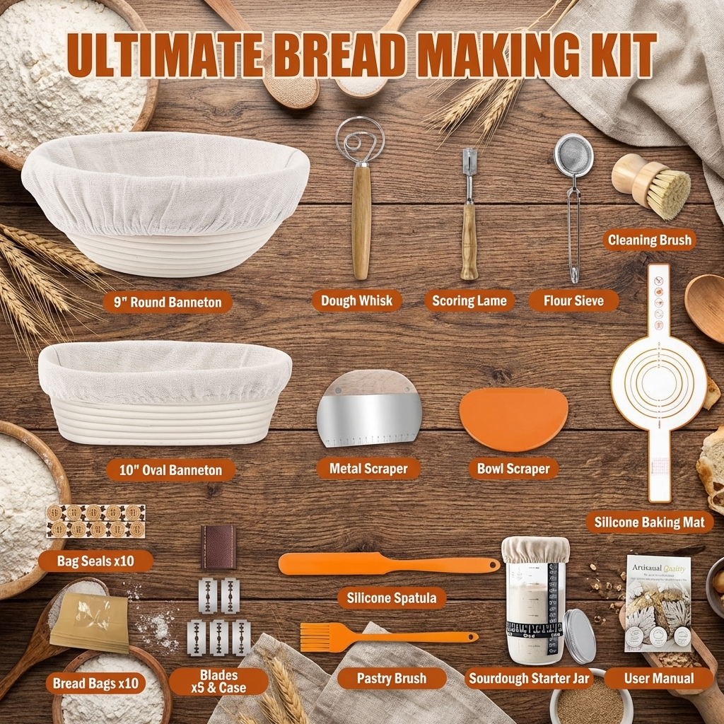 Sourdough Starter Kit, Sourdough Bread Baking Supplies with Banneton Bread Proofing Basket, Dough Whisk, Bread Lame and Silicone Bread Sling, Sourdough Tools Baking Kit, 28 PCS