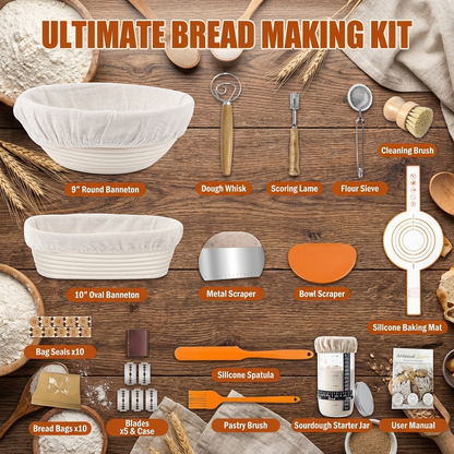 Sourdough Starter Kit, Sourdough Bread Baking Supplies with Banneton Bread Proofing Basket, Dough Whisk, Bread Lame and Silicone Bread Sling, Sourdough Tools Baking Kit, 28 PCS