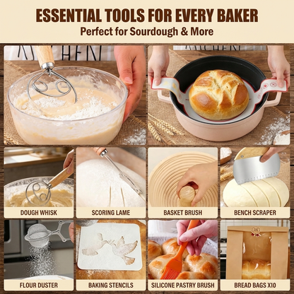 Sourdough Starter Kit, Sourdough Bread Baking Supplies with Banneton Bread Proofing Basket, Dough Whisk, Bread Lame and Silicone Bread Sling, Sourdough Tools Baking Kit, 28 PCS