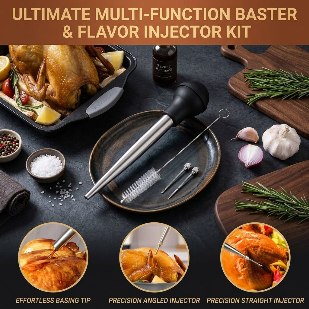 Stainless Steel Turkey Baster, Baster Syringe with Injector Bulb and Brush for Roasting Turkey and Chicken, Meat Injector Tool for Cooking, 1 Set