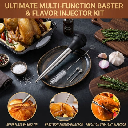 Stainless Steel Turkey Baster, Baster Syringe with Injector Bulb and Brush for Roasting Turkey and Chicken, Meat Injector Tool for Cooking, 1 Set