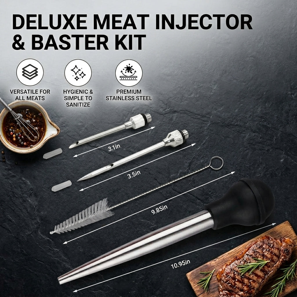 Stainless Steel Turkey Baster, Baster Syringe with Injector Bulb and Brush for Roasting Turkey and Chicken, Meat Injector Tool for Cooking, 1 Set