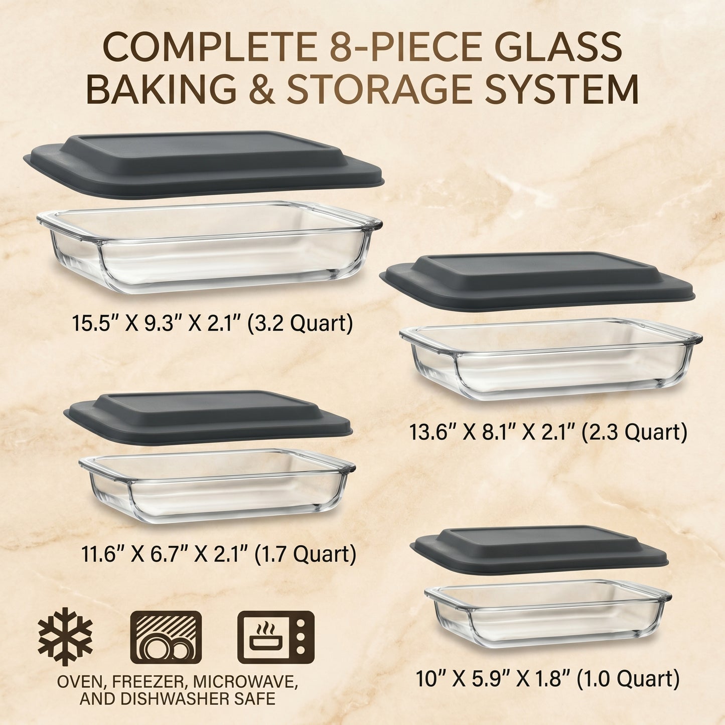 Glass Baking Dishes with Lids, Rectangular Glass Bakeware Set for Baking Cooking Meal Prep Storage, Oven and Freezer Safe Food Containers, 8 Piece