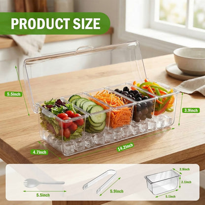 Stackable Ice Chilled Condiment Caddy — 5 Compartment Platter with Lids for Fruit, Snacks & Garnishes, Includes Spoons, Clips & Serving Tongs