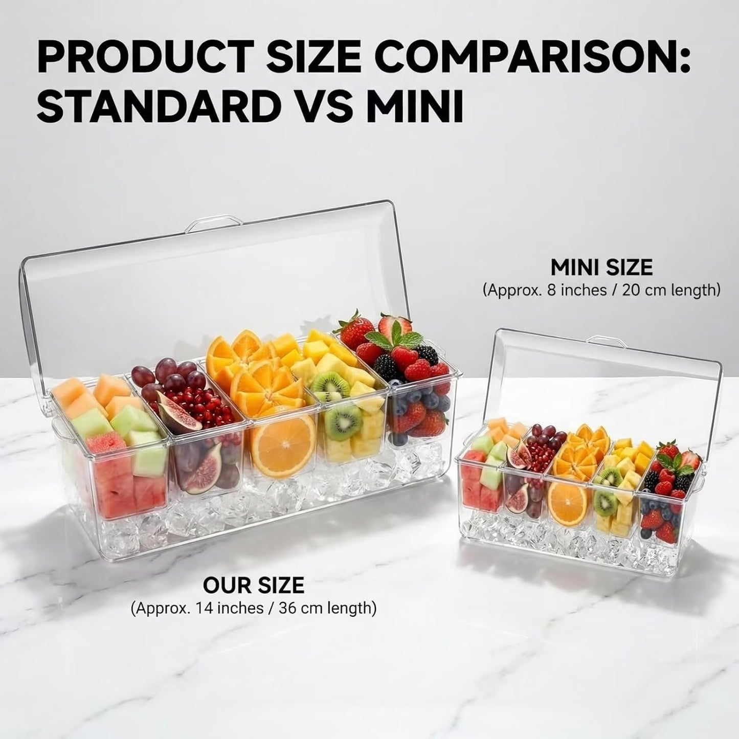 Stackable Ice Chilled Condiment Caddy — 5 Compartment Platter with Lids for Fruit, Snacks & Garnishes, Includes Spoons, Clips & Serving Tongs