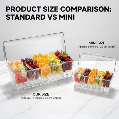 Stackable Ice Chilled Condiment Caddy — 5 Compartment Platter with Lids for Fruit, Snacks & Garnishes, Includes Spoons, Clips & Serving Tongs