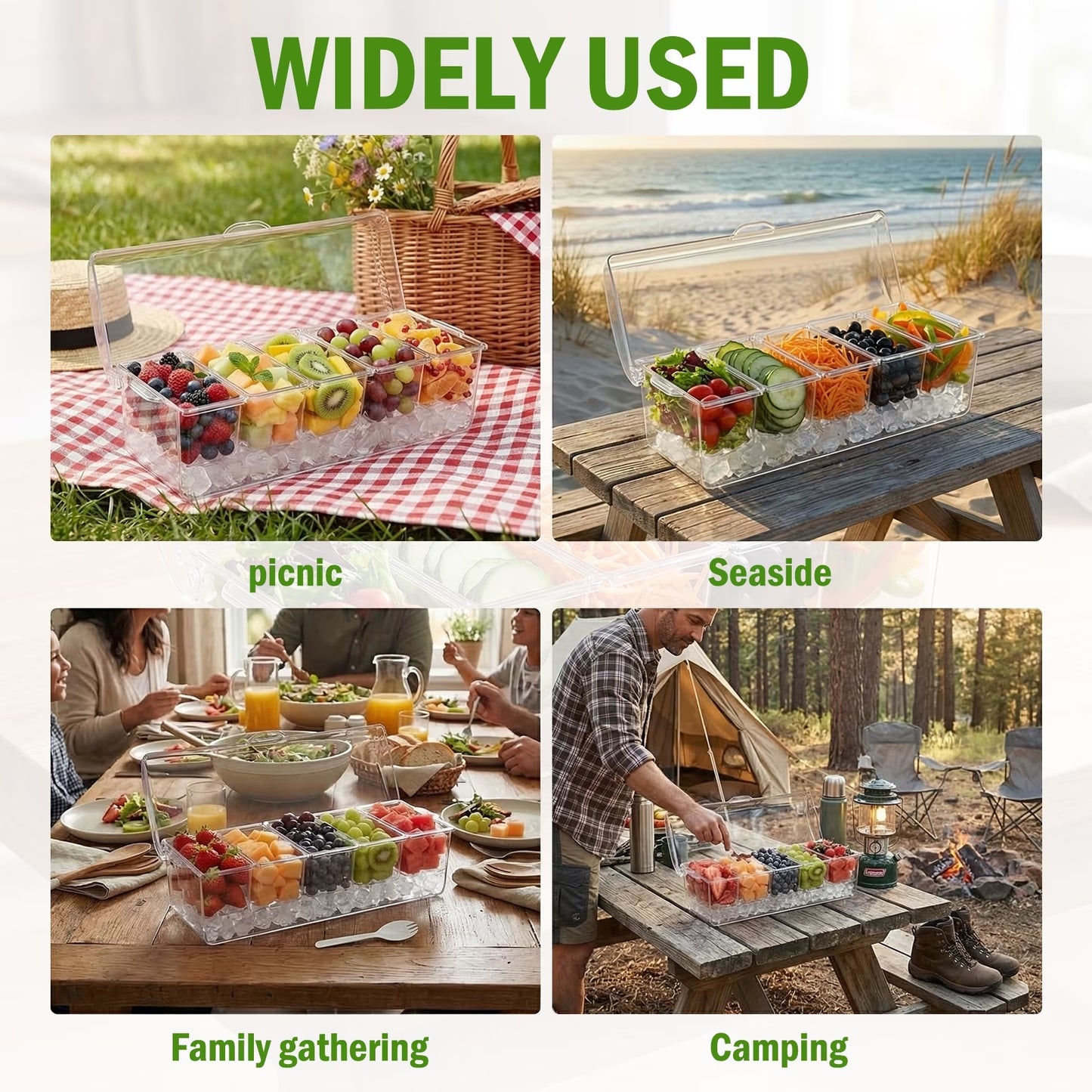 Stackable Ice Chilled Condiment Caddy — 5 Compartment Platter with Lids for Fruit, Snacks & Garnishes, Includes Spoons, Clips & Serving Tongs