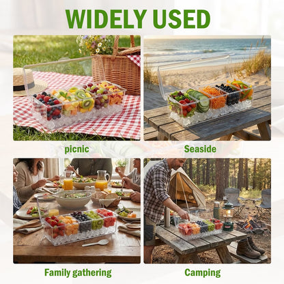 Stackable Ice Chilled Condiment Caddy — 5 Compartment Platter with Lids for Fruit, Snacks & Garnishes, Includes Spoons, Clips & Serving Tongs