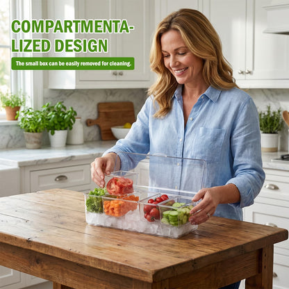 Stackable Ice Chilled Condiment Caddy — 5 Compartment Platter with Lids for Fruit, Snacks & Garnishes, Includes Spoons, Clips & Serving Tongs