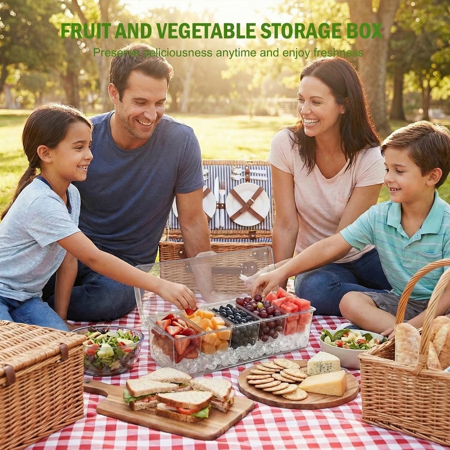 Stackable Ice Chilled Condiment Caddy — 5 Compartment Platter with Lids for Fruit, Snacks & Garnishes, Includes Spoons, Clips & Serving Tongs
