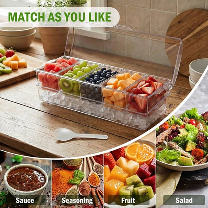Stackable Ice Chilled Condiment Caddy — 5 Compartment Platter with Lids for Fruit, Snacks & Garnishes, Includes Spoons, Clips & Serving Tongs