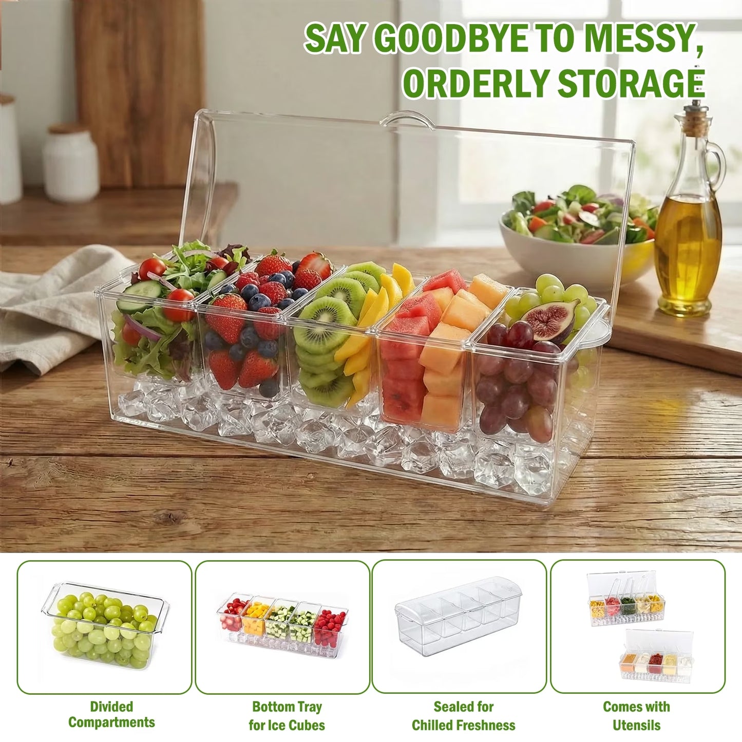 Stackable Ice Chilled Condiment Caddy — 5 Compartment Platter with Lids for Fruit, Snacks & Garnishes, Includes Spoons, Clips & Serving Tongs