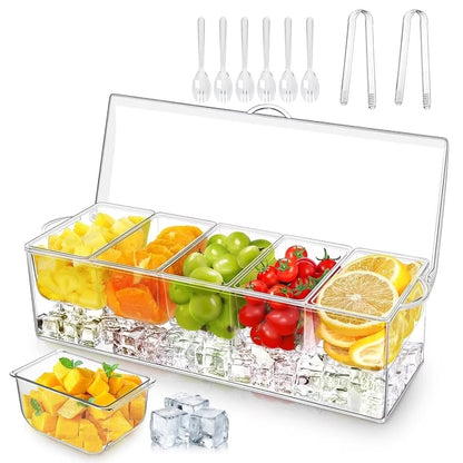 Stackable Ice Chilled Condiment Caddy — 5 Compartment Platter with Lids for Fruit, Snacks & Garnishes, Includes Spoons, Clips & Serving Tongs