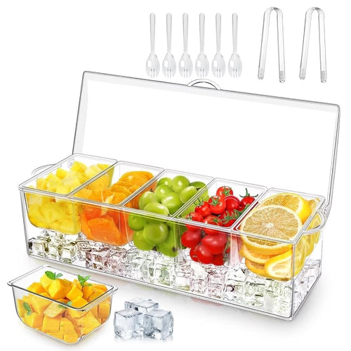 Stackable Ice Chilled Condiment Caddy — 5 Compartment Platter with Lids for Fruit, Snacks & Garnishes, Includes Spoons, Clips & Serving Tongs
