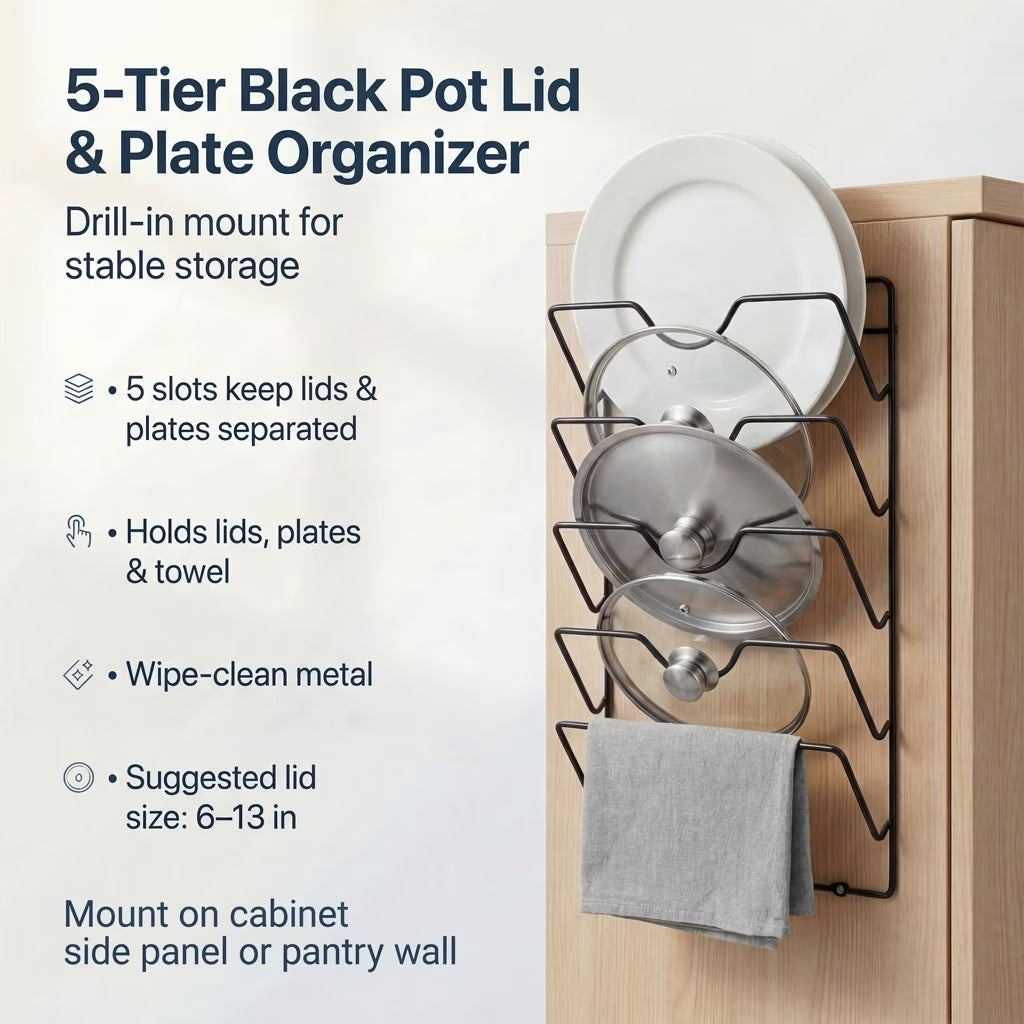 5-Tier Stainless Steel Pot Lid Organizer, Heavy-Duty Lid Storage Rack with 2 Installation Methods (Drill or Adhesive), Space-Saving Holder for Pots, Pans & Woks, for Cabinet Door & Wall