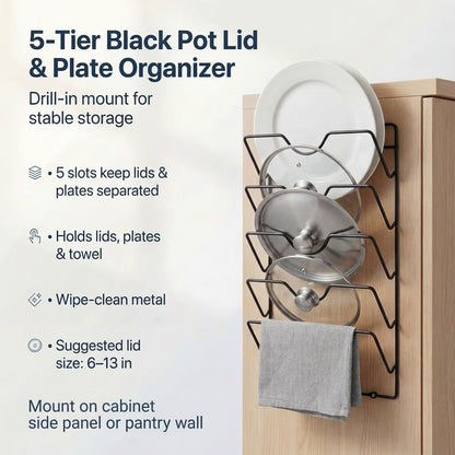 5-Tier Stainless Steel Pot Lid Organizer, Heavy-Duty Lid Storage Rack with 2 Installation Methods (Drill or Adhesive), Space-Saving Holder for Pots, Pans & Woks, for Cabinet Door & Wall