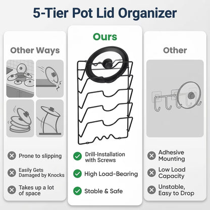 5-Tier Stainless Steel Pot Lid Organizer, Heavy-Duty Lid Storage Rack with 2 Installation Methods (Drill or Adhesive), Space-Saving Holder for Pots, Pans & Woks, for Cabinet Door & Wall