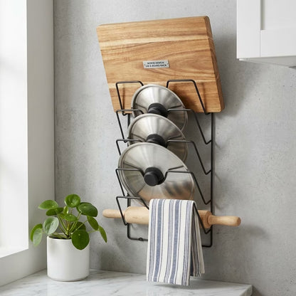 5-Tier Stainless Steel Pot Lid Organizer, Heavy-Duty Lid Storage Rack with 2 Installation Methods (Drill or Adhesive), Space-Saving Holder for Pots, Pans & Woks, for Cabinet Door & Wall