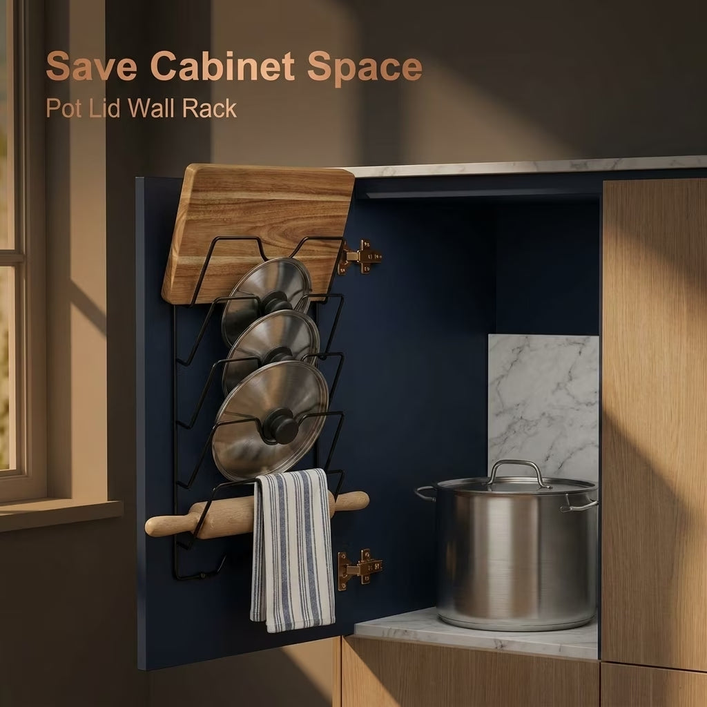 5-Tier Stainless Steel Pot Lid Organizer, Heavy-Duty Lid Storage Rack with 2 Installation Methods (Drill or Adhesive), Space-Saving Holder for Pots, Pans & Woks, for Cabinet Door & Wall